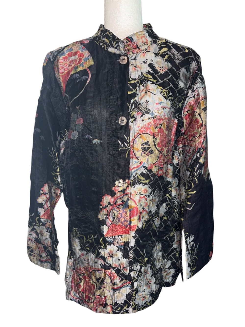 Citron Black Asian Floral Print Linen Blend Button Down Tunic Top - M